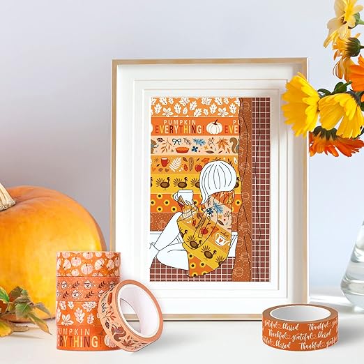 Whaline 12 Rolls Fall Thanksgiving Washi Tapes Assorted Autumn Pattern Decorative Tapes Pumpkin Turkey Dots Masking Tapes for Fall Thanksgiving Scrapbook Journal DIY Craft Gift Wrapping, 0.6Inch