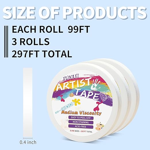 3 Packs Artist Tape Medium Tack White Art Tape for Watercolor Paper Drafting Art Painting Canvas Framing Acid Free Masking Tape- 0.4IN Wide 297FT Long Total