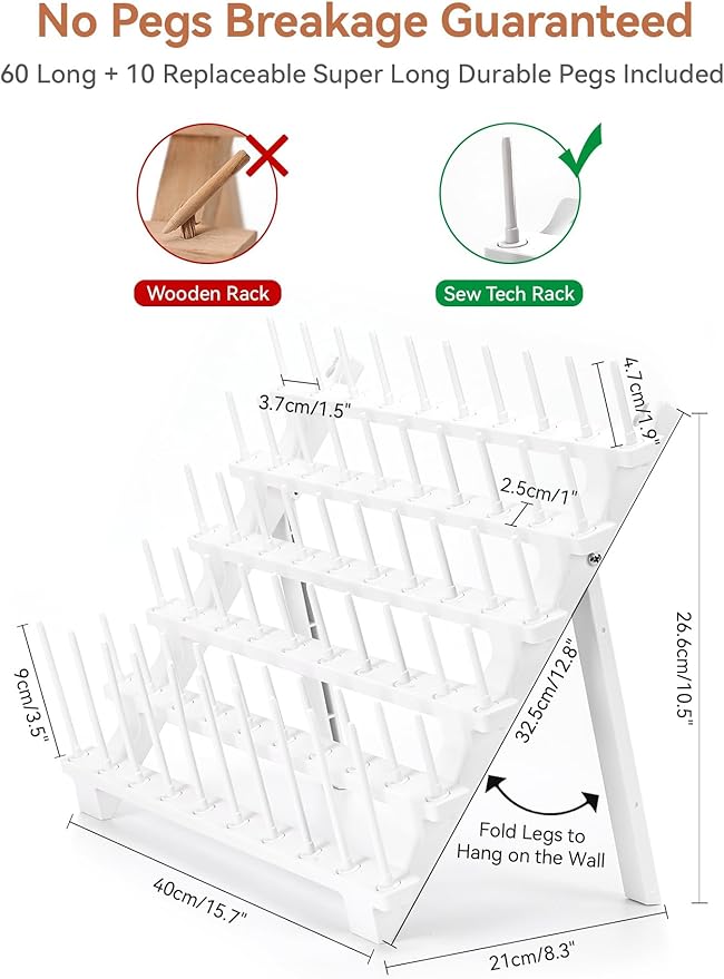 Sew Tech Thread Rack, Bright White Plastic Thread Holder with 60 Pegs and Extra 10 Long Pegs, Sewing and Embroidery Thread Stand