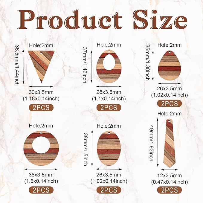 Beadthoven 12pcs/6 Pairs Natural Wood Charms DIY Earrings Pendants Colorful Striped Dark Red Rustic Wooden Pendants Mix Wood Pieces for DIY Jewelry Making Bohemian Earrings Necklace Accessories