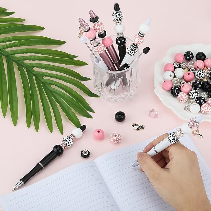 18pcs DIY Beadable Pens Bulk Pens for Beads Cow Pattern Beaded Pen Kit for Students Teacher Office Supplies DIY Making Gifts(Cow)