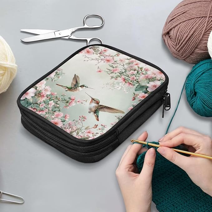 Hechitok Hummingbird Flower Crochet Hook Case, Zipper Storage Organizer Bag with Web Pockets for Crochet Needles/Knitting Accessories/Crochet Hook Kit Tools Easy to Hold