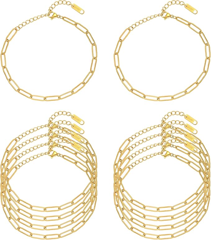 Swyabi 10 PCS Stainless Steel Bracelet Chains for Jewelry Making 6.5Inch Gold Plated Paperclip Chain Bulk with Extender