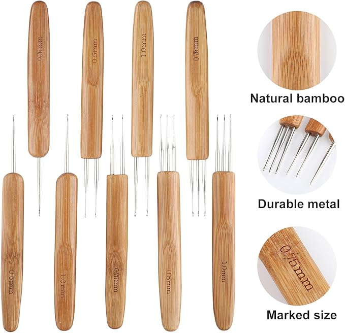 9Pcs Dreadlock Crochet Hook for Hair,Weaving Crochet Braid Hair Dreadlocks Needle for Braid Craft Bamboo Handle 0.5mm 0.75mm 1mm