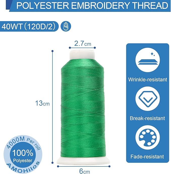 High Tenacity Polyester Embroidery Machine Thread 40WT(120D/2) 4000M Per Spool for Commercial and Domestic Embroidery Machine (Kelly Green-1988)