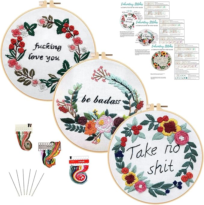 Louise Maelys Embroidery Starter Kit with 3 Hoops for Adults Funny Floral Wreath Pattern for Beginners Needlepoint Kits