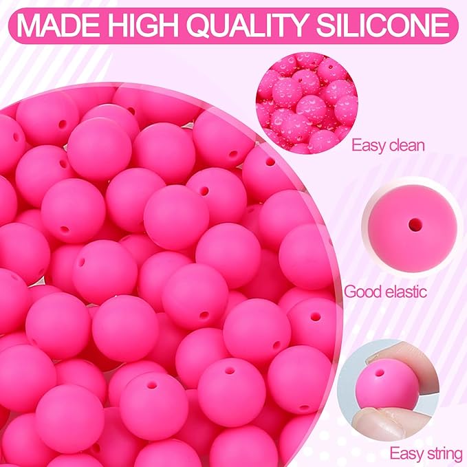 MAIBAOTA 120 Pcs Hot Pink Silicone Beads - 15 mm Round Beads for Keychain, Pens, Bracelet, Necklace Making - Bulk Pack with Boxed Kits