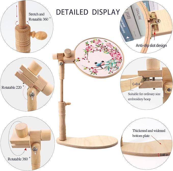 zocone beech wood adjustable rotated embroidery hoop stand with 2 pcs 6'' 8'' embroidery hoops, wooden embroidery stand, embroidery hoop holder for cross stitch and embroidery project (a)
