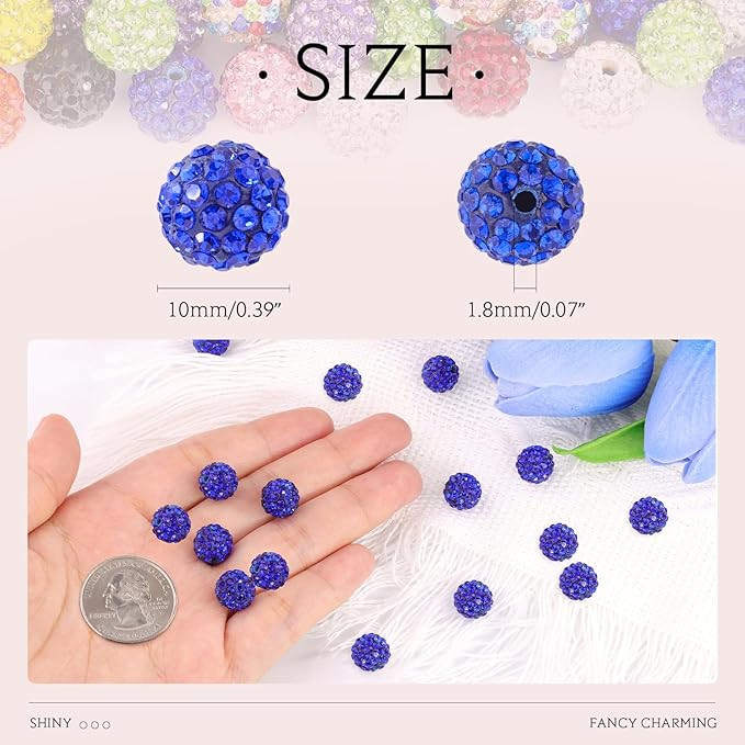 100 pcs 10mm Rhinestone Beads for Jewelry Making, 10 Mixed Colors Shiny Round Shamballa Disco Beads, Sparkle Crystal Clay Christmas for Bracelet Baseball Necklace Earring Crafting and DIY