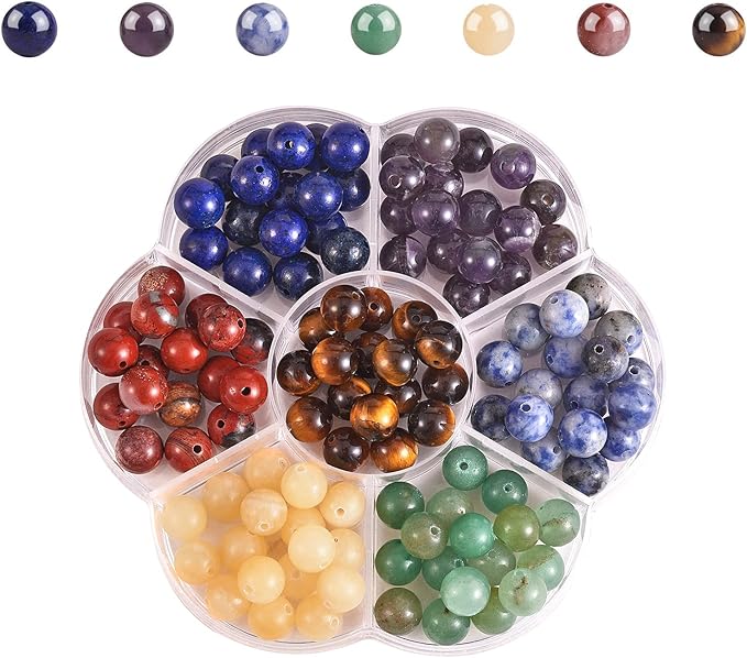 140 Pcs 7 Chakra Natural Stone Beads Round Beads Color DIY Smooth Stone Bead Kit Crystal Energy Healing Bulk Bead Charm for Jewelry Making Bracelet Necklace Earrings (8MM, 7 Chakra Stone)