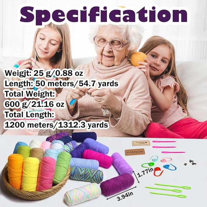 Lewhoo Crochet Kits for Beginner, 1312 Yards Acrylic Yarn Kit for Knitting and Crocheting, 25g×24 Yarn Bundles with Accessories