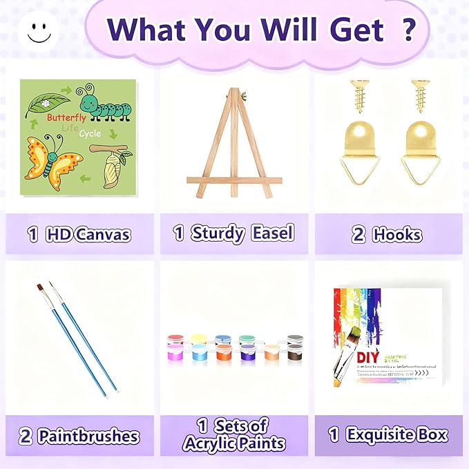 Gemozaic Butterfly Paint by Numbers Kit for Kids with Frame and Easel, Butterfly Life Cycle Framed Kids Paint by Number on Canvas Age 6-8-12 for Gift, Home, Wall Decor, 8x8 Inch