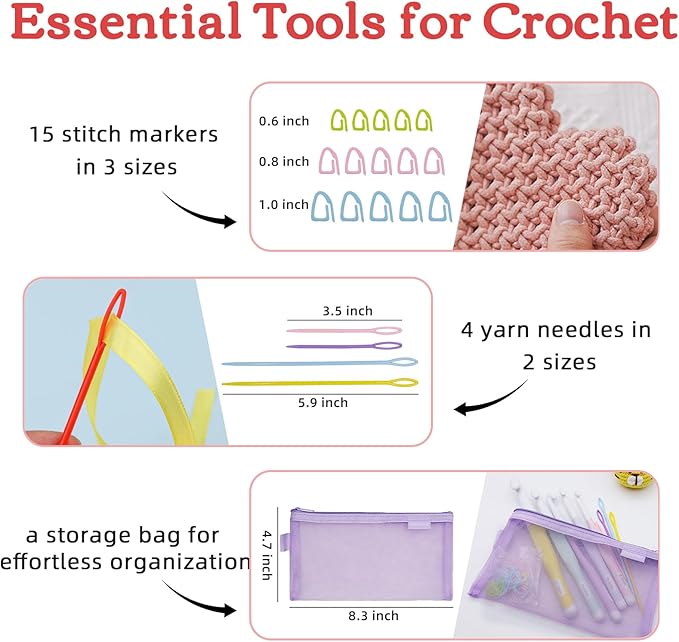 Araeknotta Large Crochet Hooks Set with Stitch Markers, Yarn Needles, Purple Pouch - 5 Sizes (8mm, 10mm, 12mm, 15mm, 20mm) - Ergonomic Plastic Crochet Hooks for Chunky Blanket Yarn