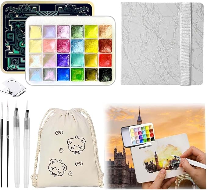 Mini Watercolor Paint Set - 24 Colors Glitter Travel Watercolor Set, Portable Metallic Water Color Paints Palette Box with Watercolor Book,Clips,Pens,Storage Bag for Painting Lovers and Artists