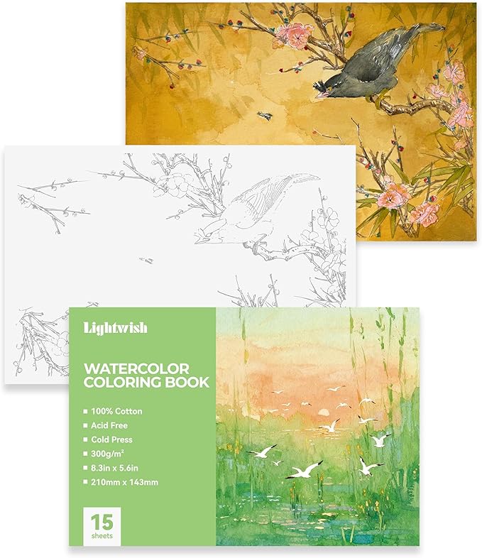 Lightwish Watercolor Coloring Book for Adults & Beginners,100% Cotton 300gsm/140lb Acid-Free Cold Press Paper, 8.3 x 5.6 Inches,15 Sheets,Bird-Themed