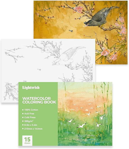 Lightwish Watercolor Coloring Book for Adults & Beginners,100% Cotton 300gsm/140lb Acid-Free Cold Press Paper, 8.3 x 5.6 Inches,15 Sheets,Bird-Themed
