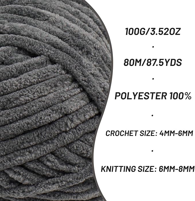Fluffy Chenille Yarn for Crocheting, Chunky Velvet Yarns for Crochet Amigurumi, Baby Yarn for Crocheting Soft Blanket, 87.4yds /3.5 oz Bulky Yarns for Crafts/Hats/Shoes/Socks (Dark Gray)