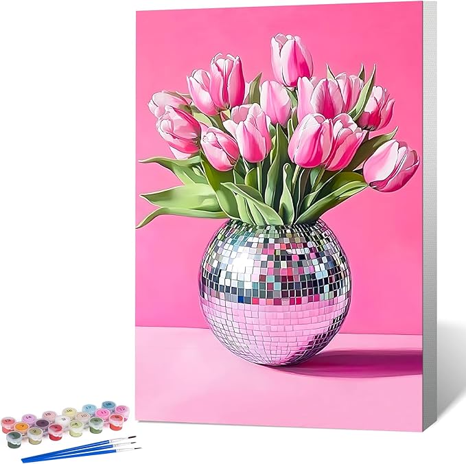 Framed Paint by Numbers Kit for Adults Beginner Disco Ball, Adult Paint by Number Kits on Canvas Framed Flower, DIY Acrylic Oil Painting by Numbers with Frame, Perfect for Home Decor 8 X 12 Inch