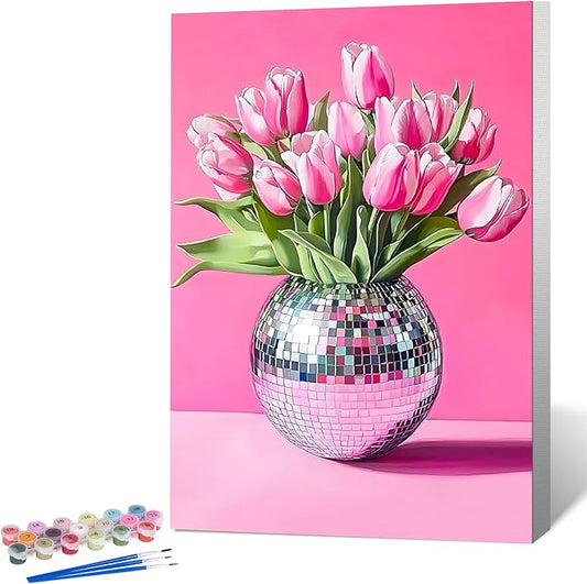 Framed Paint by Numbers Kit for Adults Beginner Disco Ball, Adult Paint by Number Kits on Canvas Framed Flower, DIY Acrylic Oil Painting by Numbers with Frame, Perfect for Home Decor 8 X 12 Inch