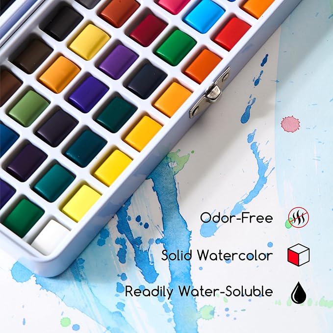 MEEDEN Travel Watercolor Paint Set: 50 Colors Watercolor Paints for Beginner with Brushes & Concertina Coloring Book - Portable Water Color Kit for Adult Painting On the Go