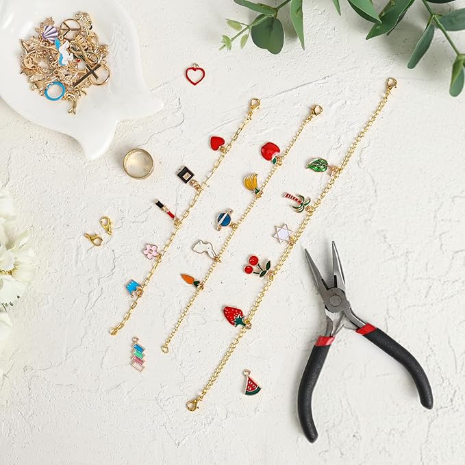 LuneClat Gold Chain Charm Bracelet Making Kit - 14K 5 Different Chains 3.28 ft, DIY Necklace Bracelets Making Accessories with Charms Pendants Jump Rings Lobster Clasps Pliers