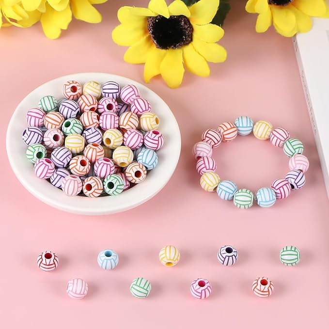 100pcs Volleyball Beads with 5.5 Yard Elastic Rope,Acrylic Sports Beads DIY Spacer for Necklace Bracelet Keychains Handmade Jewelry Making Accessories Craft Supplies,12mm(Rainbow Volleyball)