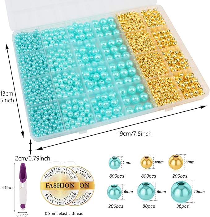2116 PCS Pearl Beads for Bracelet Making Kit Gold Beads for Jewelry Making Kit Gold Small Spacer Bead Light Blue Pearl Bead for Crafting Charms Necklace Earrings DIY Craft for Women Adult