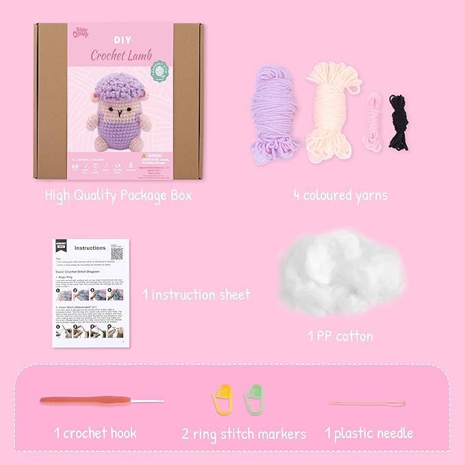 HOUSE CREATIVITY Beginner Crochet Kit for Adults, Beginners Crocheting Knitting Kit with Yarn Sets, Step-by-Step Video Tutorials,Animal Craft Kit, Holiday Birthday Gifts(Sheep)