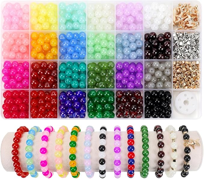 700pcs Glass Beads for Crafts– 24 Colors 8mm Crystal Glass Beads with Gold & Silver Spacer Beads and Elastic String for Bracelets, Necklace & DIY Crafts