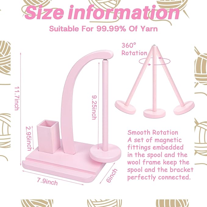Yarn Holder for Crocheting and Knitting, Wooden Magnetic Yarn Spinner Rotating Holder with Crochet Hooks and Needles, Phone Stand and Storage Organizer (Pink)
