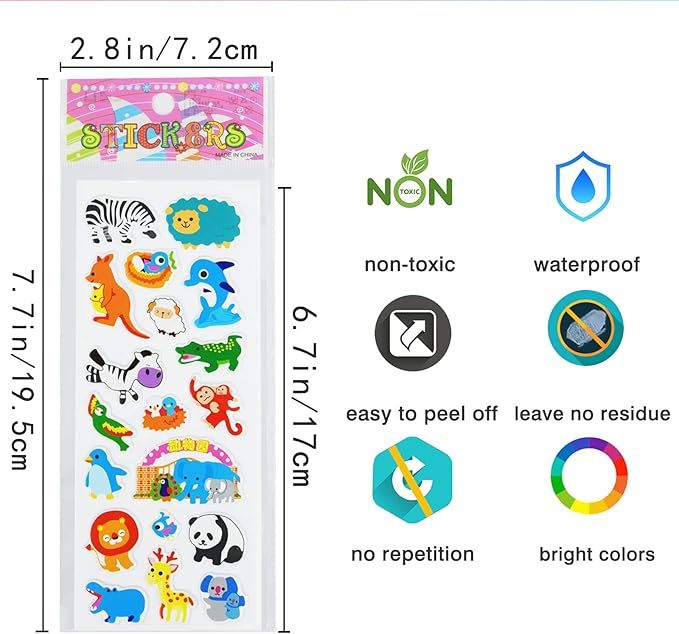 24 sheets(400+) animal 3d puffy stickers for toddlers kids, bulk preschool sticker sheets for reward, craft, scrapbooking