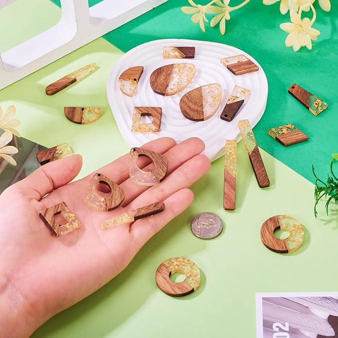 Beadthoven 20pcs/10 Pairs Resin Wood Charms DIY Bohemian Earrings Clear Gold Foil Resin Wood Pendants Gold Flakes Natural Wooden Pieces Tag Assorted Pendants for Fashion Jewelry Making Necklace