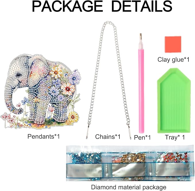 Elephant and Flowers Diamond Painting Hanging Kit – DIY Acrylic Pendant with 5D Special Shaped Rhinestones, Decorative Art Board for Wall, Door or Garden, Handmade Gift for Creative Decor Lovers