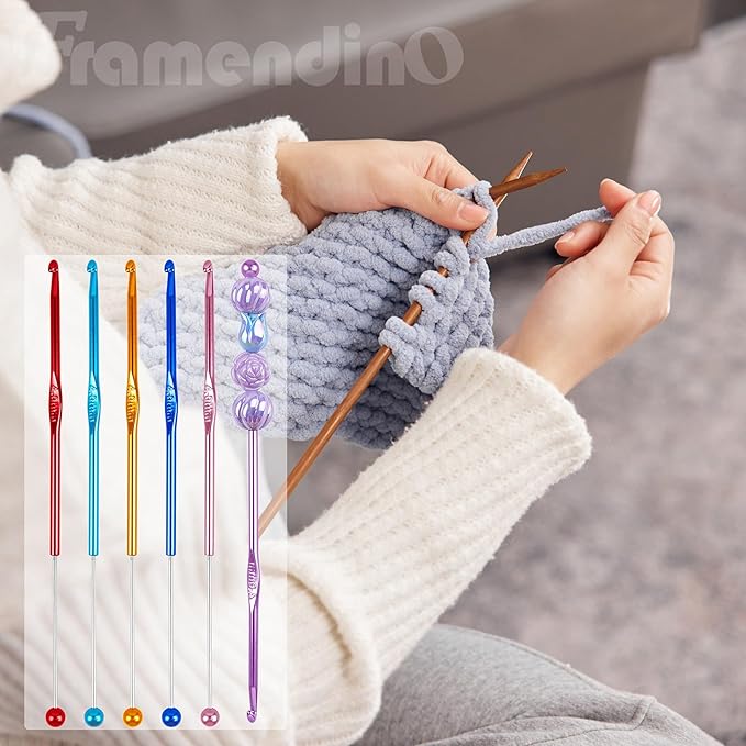 Framendino, 6 Pack Beadable Crochet Hooks 4 mm Aluminum Set for Knitting Scarf Hat Colors