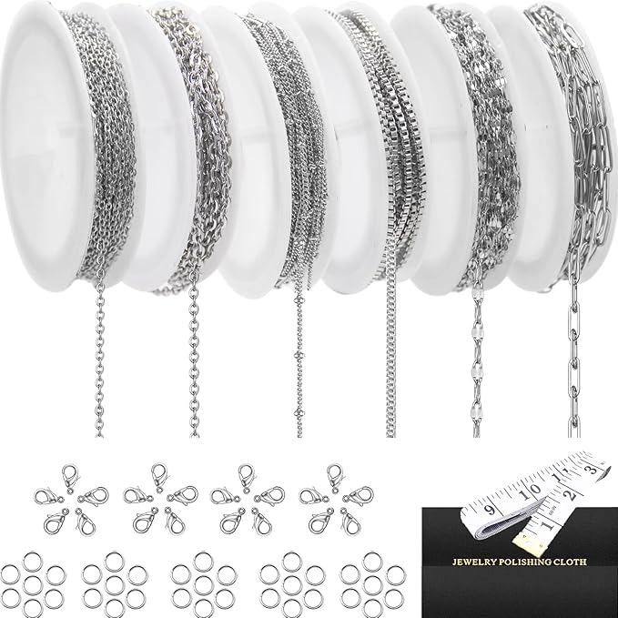 Stainless Steel Necklace Chain for Jewelry Making, 42.6 Feet 6 Roll Silver Necklace Jewelry Chains for DIY Necklaces Bracelets Keychain Craft Making Supplies with Jump Rings Lobster Clasp Connector