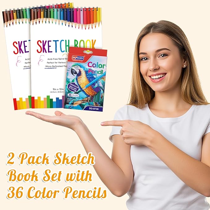 2 Pack Sketch Book with 36 Color Pencil Set, Spiral Kids Sketchbook for Drawing (68lb/100gsm), Acid-Free Sketch Pad for Kids Artist, Art Paper Drawing Supplies for Gifts (9×12 inch)
