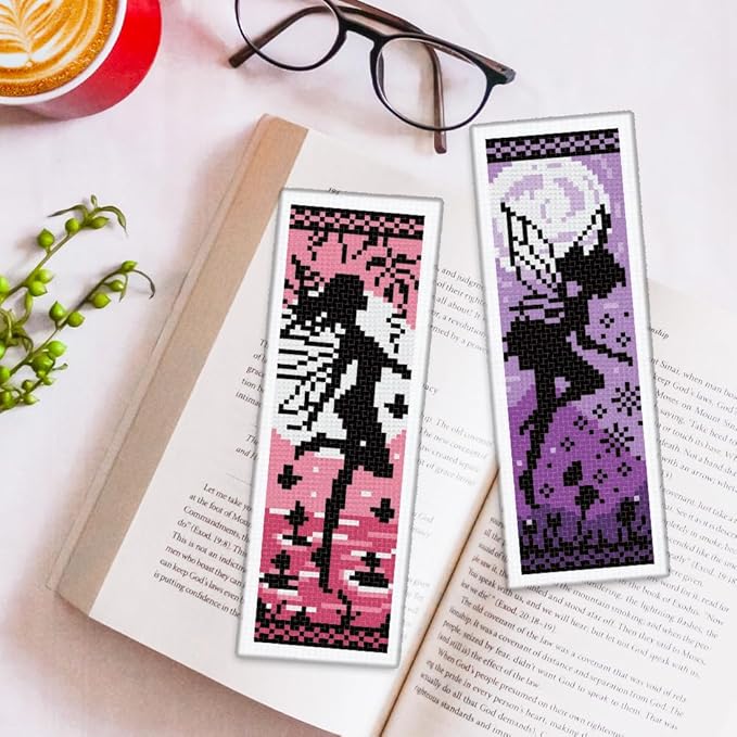 ORIGACH 6 Set Fairy Silhouette Cross Stitch Bookmark Kit for Beginner with Backing Felt Floss Instructions DIY Stamped Embroidery Bookmark Kit for Adults, Book Lovers