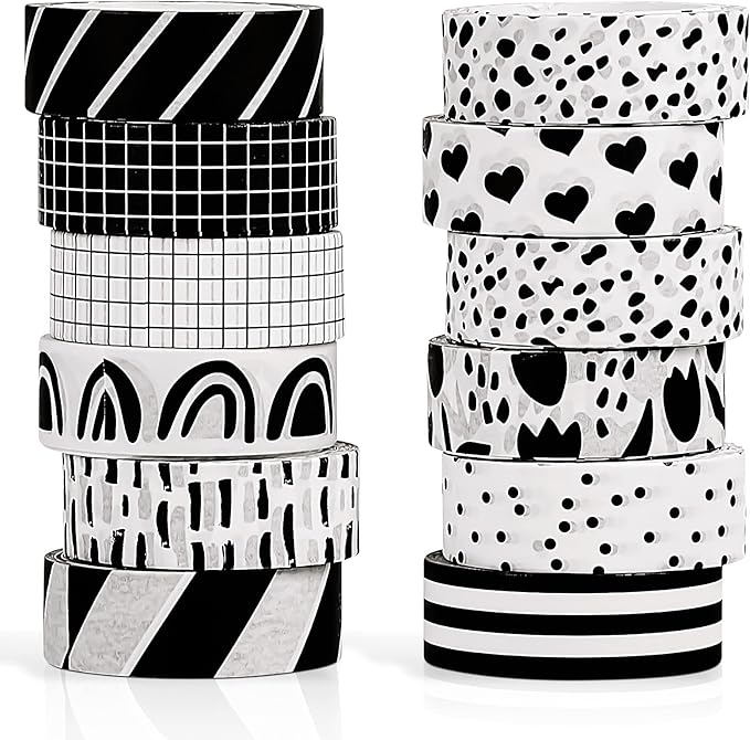 Outus 12 Rolls Washi Tape Set Black White Paper Thin 15 mm Wide 7 Meters Long Decorative Craft Adhesive Masking Tape Washi Tape Black White Strip for DIY Wrapping Decoration (Stylish Style)