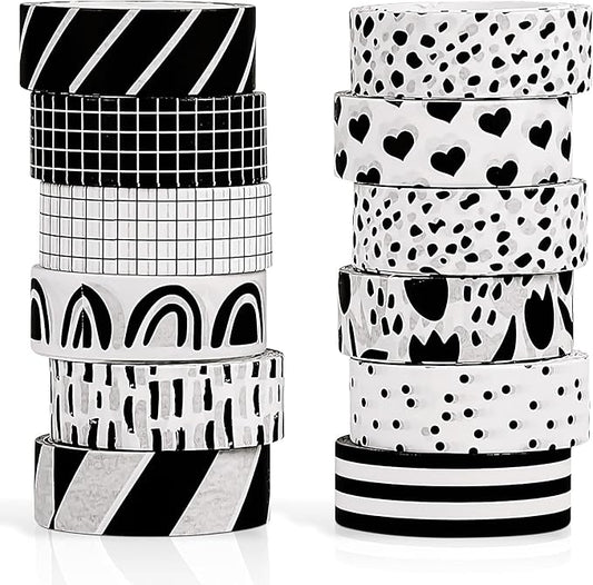 Outus 12 Rolls Washi Tape Set Black White Paper Thin 15 mm Wide 7 Meters Long Decorative Craft Adhesive Masking Tape Washi Tape Black White Strip for DIY Wrapping Decoration (Stylish Style)