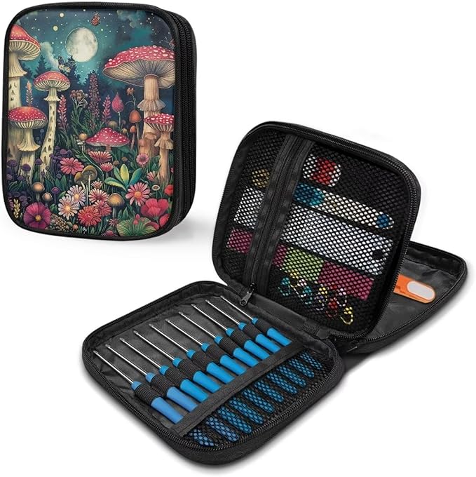 Hechitok Mushroom Empty Crochet Hook Case Portable Travel Crochet Storage Bag Organizer Zipper Bags with Web Pocket and Crochet Holder Slots for Crochet Knitting Accessories