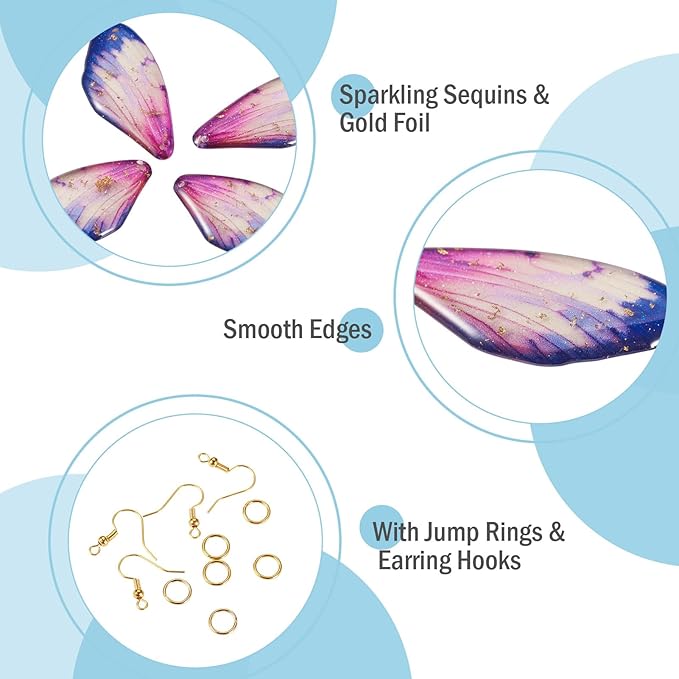 FASHEWELRY 16Pcs Resin Butterfly Wing Charms for Jewelry Making, Glitter Gradient Insects Wing Pendant Earrings Making Kit Golden Earring Hook Jump Rings