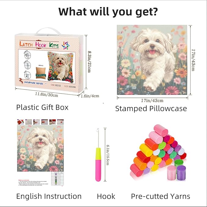 DIY Latch Hook Pillow Kits for Adults Happy Havanese Dog Running in Flowers Printed Pillowcase Crochet Yarns Hooking Handmade Pillow Cover Cushion for Home Sofa Decor 17x17inch(3)