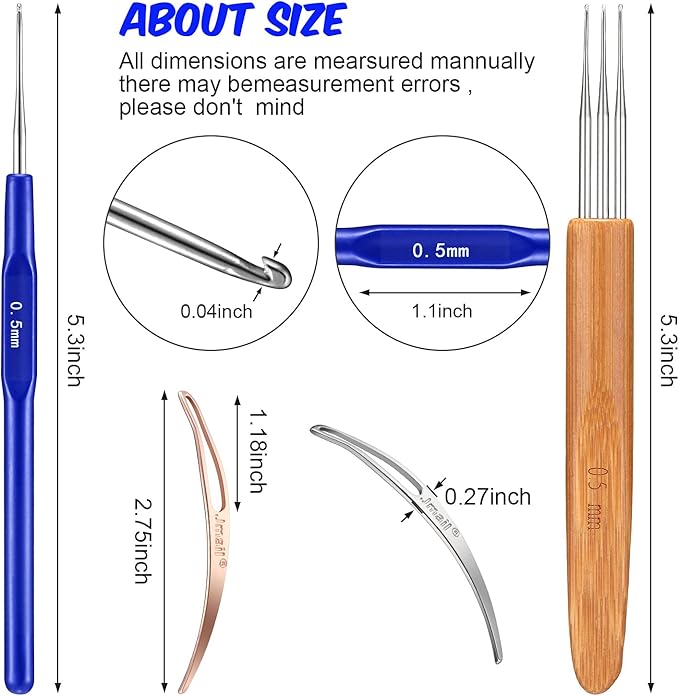 WILLBOND 14 Pcs Dreadlock Crochet Hook Set Include 6 Dreadlocks Crochet Needle 2 Hair Locking Tools 6 Hooks 0.5 mm 0.75 mm Needle Weaving, 1/2/3 Hooks for Locs Braid Craft(Blue)