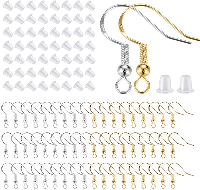 200 pcs/100pairs 925 sterling silver and gold earring hooks,hypo-allergenic fish earring hooks earwires for diy jewelry making supplies with 200 pcs soft silicone earring backs