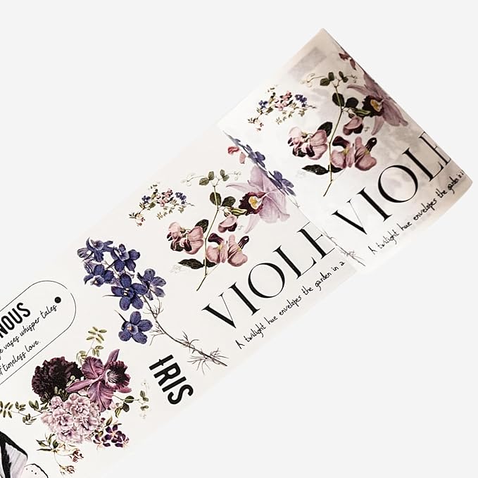 WT Pre-Cut Violet Veil Wide Washi Tape, Single Roll, Soft Lilac Florals & Misty Backgrounds with Script, Decorative Japanese Paper for Journaling, Scrapbooking, Planner, DIY Crafts, 65mm x 5m