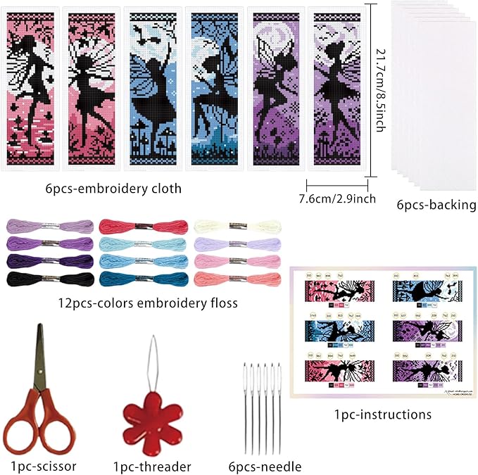 ORIGACH 6 Set Fairy Silhouette Cross Stitch Bookmark Kit for Beginner with Backing Felt Floss Instructions DIY Stamped Embroidery Bookmark Kit for Adults, Book Lovers
