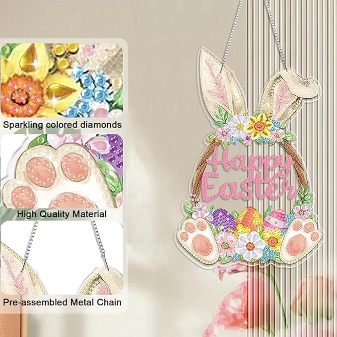 JBTM24 9.8x6.5inch Hanging Diamond Art Pendant Kits, Happy Easter Diamond Painting Hanging Sign with Chain, Special Shaped Crystal Art Ornament (Easter Bunny)