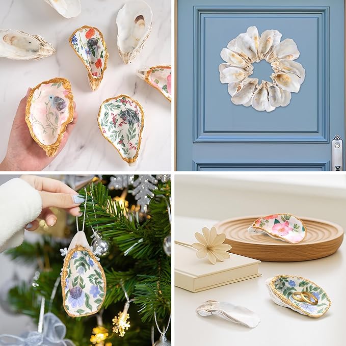 APUDWN 16 Set Natural Oyster Shells for Crafts 4-5 Inch Flat Oyster Shell Kits Drilled Includes Floral Chinoiserie Decoupage Napkins Glue Paints Twine Brushs for DIY Arts Hanging Ornaments
