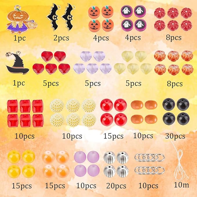 SUNNYCLUE 1 Box 6 Set Halloween Bracelet Making Kit Ghost Cat Charm Pumpkin Charms Colorful Clay Glass Beads for Jewelry Making Kits Beginners Starter Adult Women Halloween Bead Kits Adult