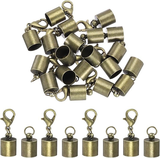 MECCANIXITY Fold Over Cord End Caps Bronze 8mm OD with Crimp Covers Lobster Claw Clasps DIY Jewelry Making for Bracelets and Necklaces Crafting 20 Pcs